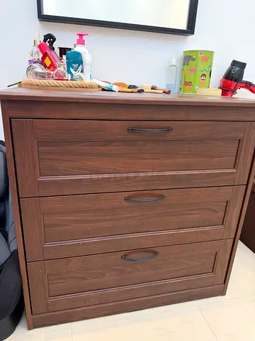 Wooden nightstand with cupboard and open shelf - dark brown side table 2 - mirror  ikea