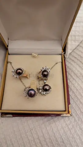 Black  original pearl silver jewelry set — necklace, ring  earrings with crystal accents