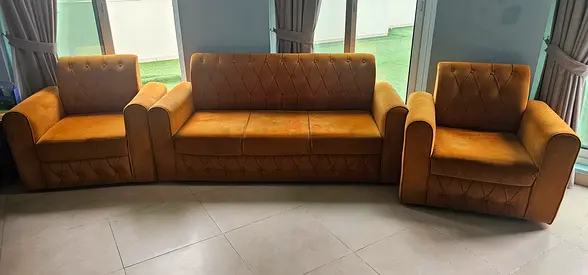 3-piece mustard brown sofa set (3-seater + 2 armchairs)