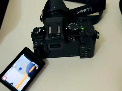 Panasonic Lumix G mirrorless camera + 14-42 mm lens with articulating (flip-out) screen