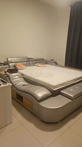 Smart Leather Platform Bed with Built-in Massage Chair, Projector, Speaker and Storage