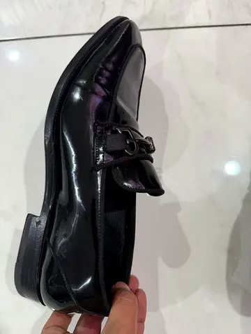 Black patent leather mens loafers with metal bit - used, good condition