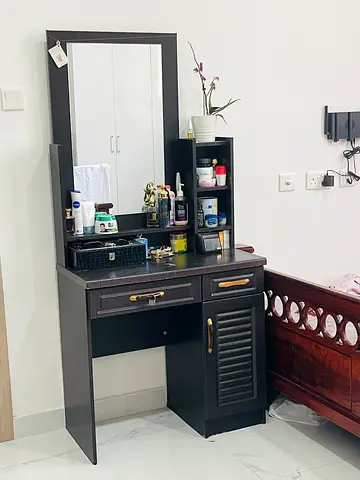 Dark wood dressing table/vanity with mirror and storage