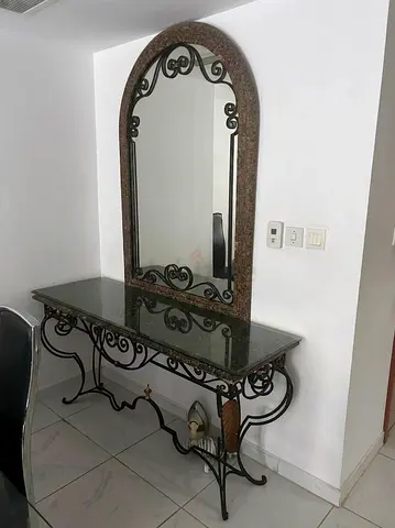 Wrought Iron Console Table with Granite Top  Arched Mirror