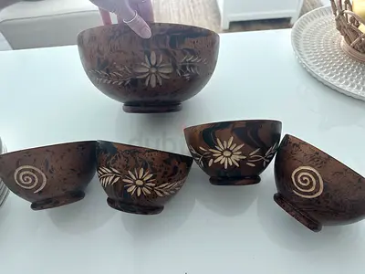 Set of 5 hand-carved floral wooden serving bowls