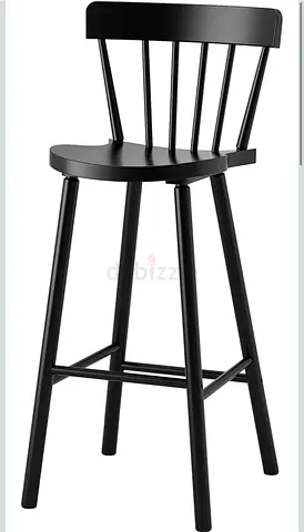 Black wooden bar stool (x2) with backrest — used, good condition. Comes with cusions