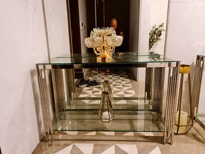 Beautiful console glass table with steel frame
