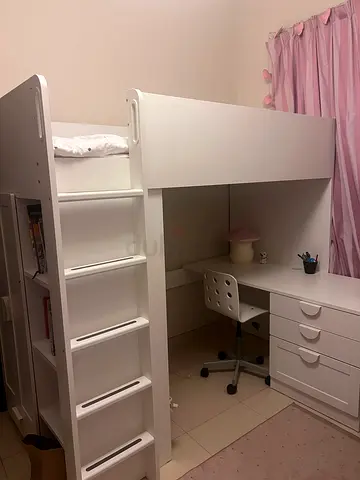 My IKEA SMÅSTAD white loft bed with built-in desk + 3 big drawers, shelves  closet