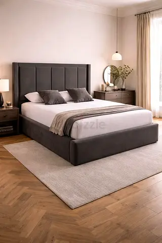My grey upholstered platform bed with padded panel headboard (Queen)