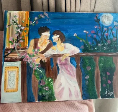 Wall art Original hand-painted romantic moonlit balcony painting (signed)