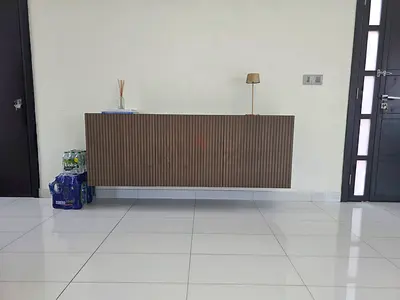 Custom Floating Wall Cabinet – Slatted Wood Feature