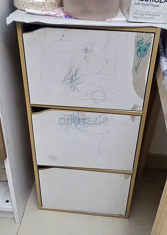 Small 3-drawer storage cabinet — white fronts with pen marks