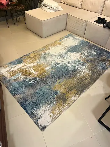 Gently used abstract modern rug (blue, gold, white) 150 x 230 cm