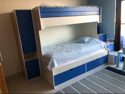 Kids bunk bed with built-in storage (blue  white)