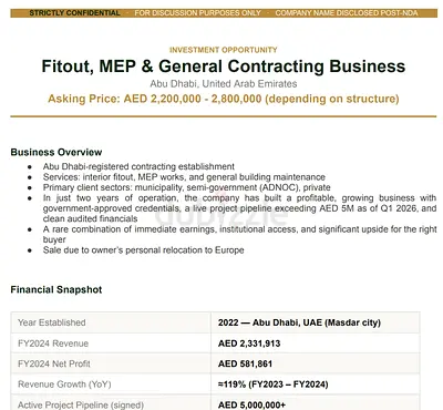 Profitable business for sale: Fitout, MEP  General Contracting