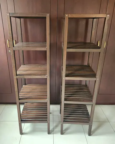 Pair of narrow wooden slatted shelving units (set of 2) - used