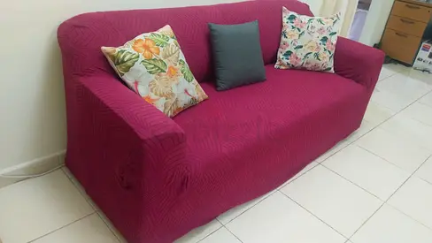 3-Seater Sofa with Magenta Fitted Cover with 3 Pillows- Good Condition