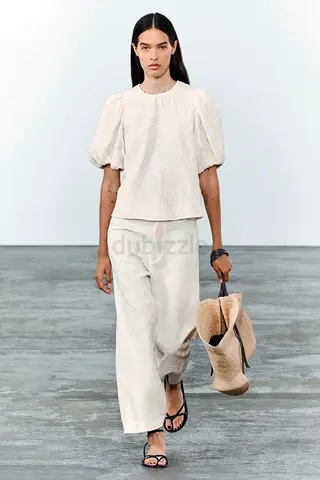 Zara Wide Leg Trousers in Oyster White With Chunky Embroidery Details