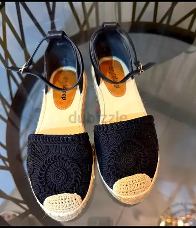 Black crochet espadrille flats with ankle strap - lightly used