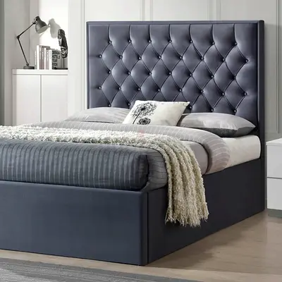 Grey Tufted Upholstered Bed with Storage