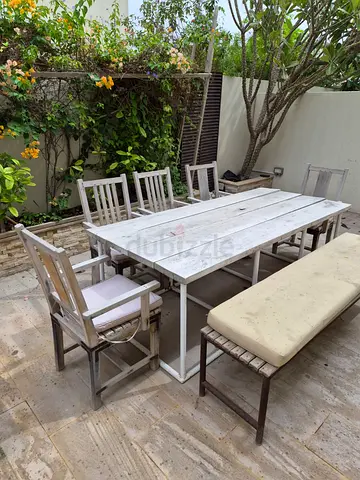 Rustic Wooden outdoor dining set - wooden table with 6 chairs and bench - seats 8