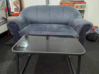 Blue Velvet Sofa with Glass Coffee Table