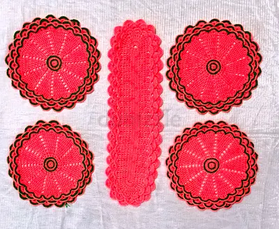 Handmade Crochet Table Runner with 4 Round Placemats - Coral Pink