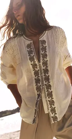 Zara Embroidered Linen Blend Shirt with Beads