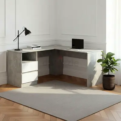 L-shaped corner desk with drawers - concrete finish