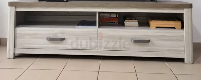 Light grey wooden TV stand / entertainment unit with drawers