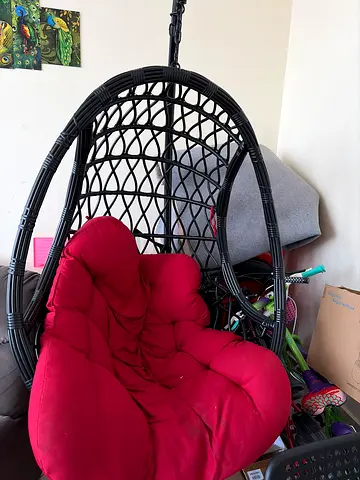 My black hanging egg chair with red cushion