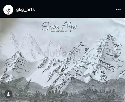 Original Pencil Drawing — Swiss Alps Hand-drawn Landscape