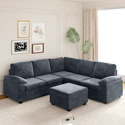 L-shaped Fabric Corner Sofa with Ottoman