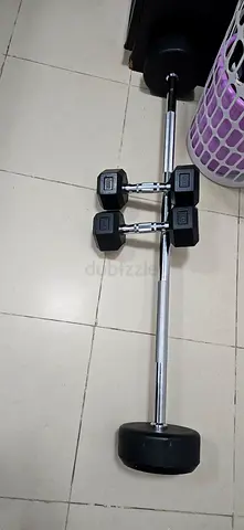 Home gym set: barbell with plates + pair of hex dumbbells (Price negotiable)
