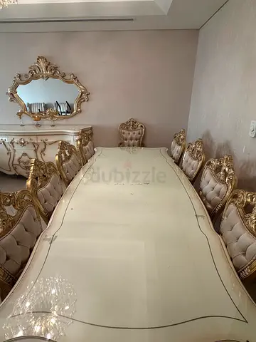Italian 10 seaters Dining table with Ornate Chairs and display buffet with two glass doors