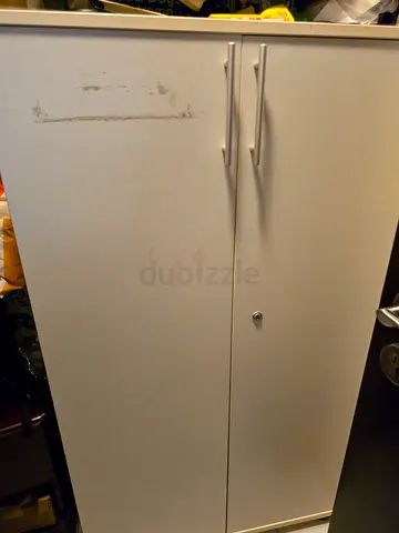 White 2-door storage cabinet with lock