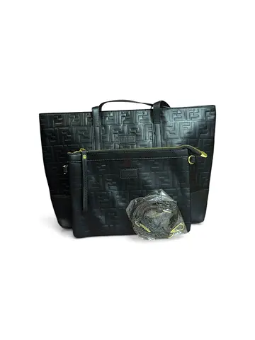 Black embossed tote bag with matching pouch and detachable strap