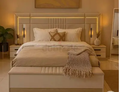 New 200*200 beige king bed set — upholstered headboard,and  nightstands
