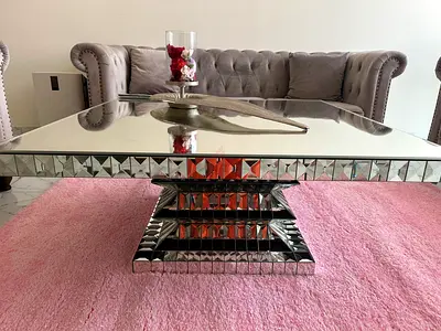 Mirrored Glass Coffee Table with Diamond-Pattern Base