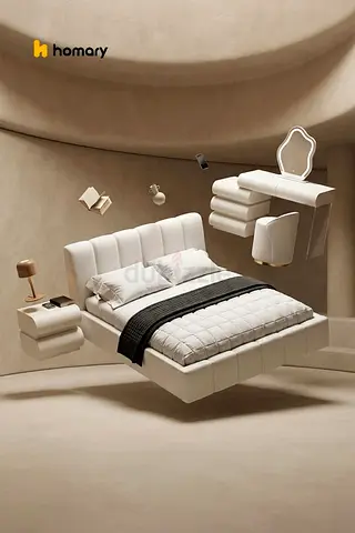 Modern upholstered bed with matching nightstands and dressing table