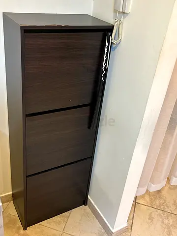 Slim 3-Tier Shoe Cabinet / Narrow Dark Wood Cupboard