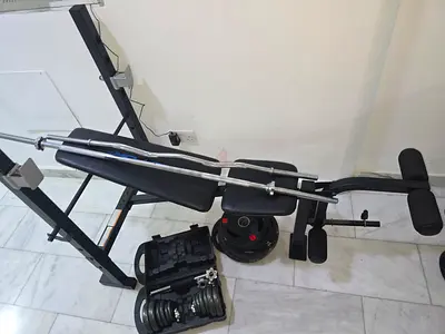 Adjustable weight bench with barbell, EZ curl bar and dumbbells and weights 10 kg 2nos, 5 kgs 4 nos