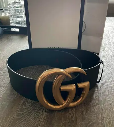 Black leather belt with gold double‑G buckle, the biggest, size 85.