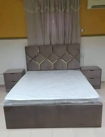 Family King Fabric Wood Bed With Medical Mattress and 2 Matching Bedside Tables