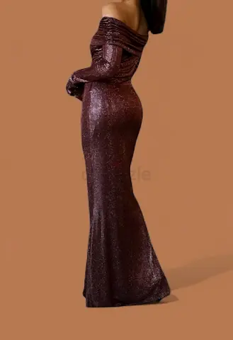 My burgundy off-shoulder sequin evening gown