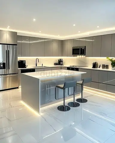 Contemporary Grey Kitchen Island with LED Undercabinet Lighting