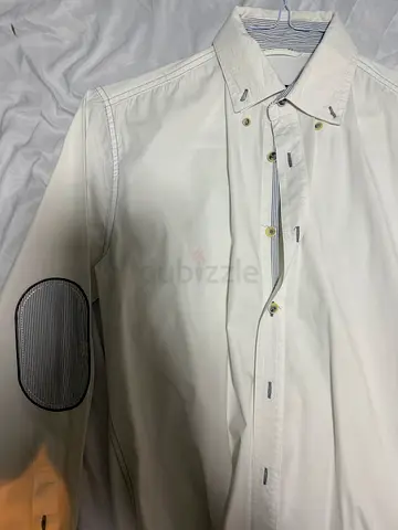 White mens button-down shirt with striped elbow patches Pierre Cardin Small