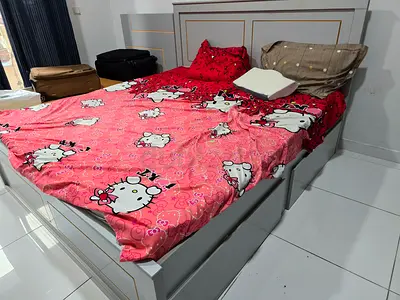 White wooden double bed frame with storage drawers (used)