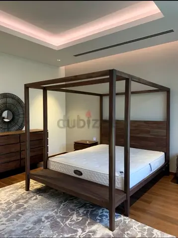 MARINA HOME four poster canopy king bed with bench 180x200cm x2 nightstands sidetables acacia wood