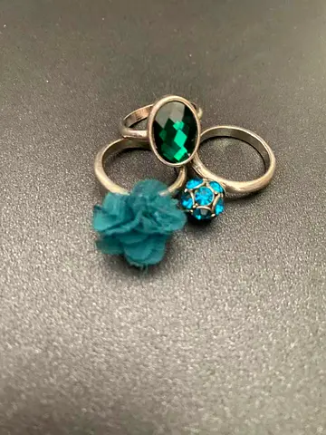 Set of 3 womens rings — green oval stone, teal flower and blue crystal